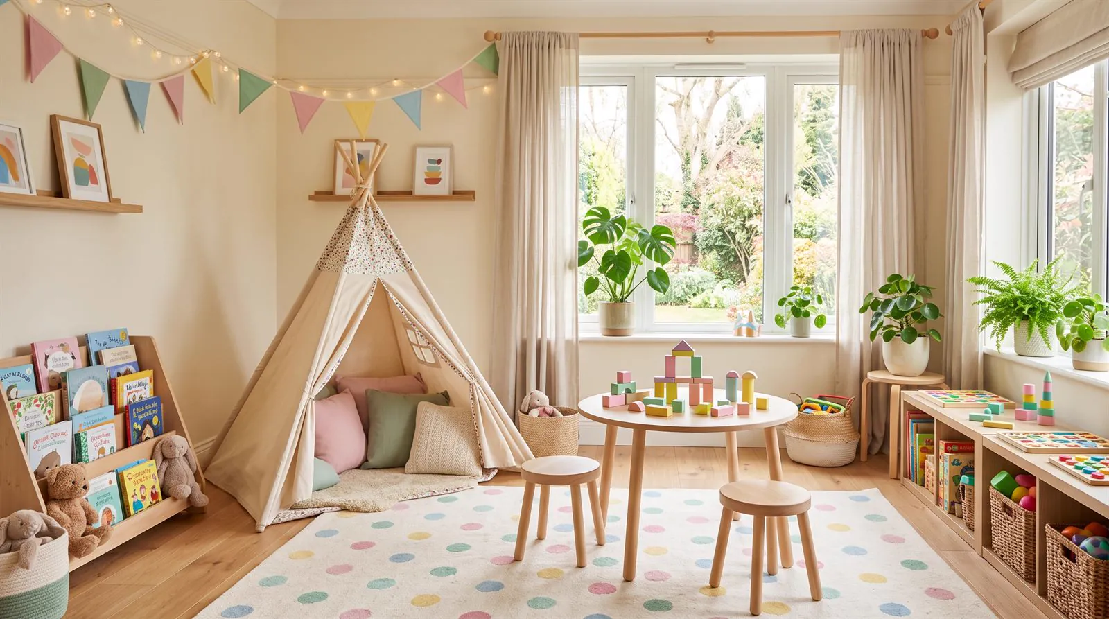 Home play space with a canvas teepee, bookshelves, wooden toys and bunting