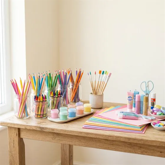 Pots of coloured pencils, crayons and paints