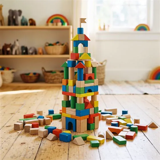 Colourful wooden building blocks stacked into a tower
