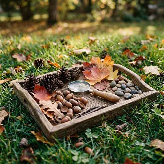 Magnifying glass, pine cones and leaves on a tray