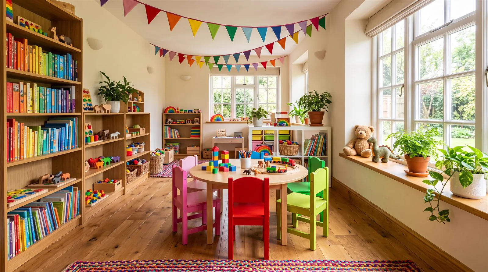 Bright playroom with a round table, colourful children's chairs, rainbow bookshelves and garden windows