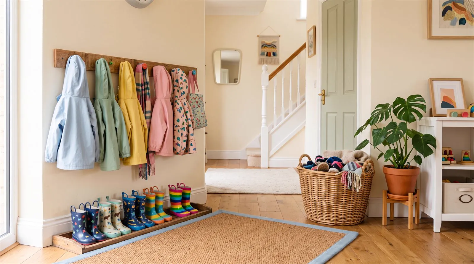 Welcoming home hallway with small coats, wellington boots and a plant