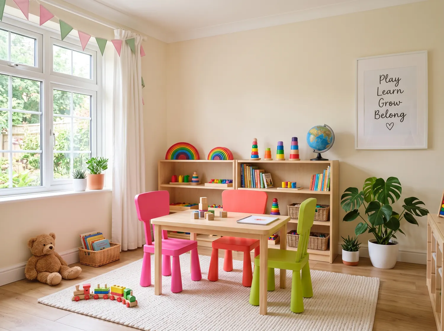 Bright home playroom with a wooden table, pink, red and green children's chairs, shelves of books and toys, plants and a framed print reading Play Learn Grow Belong