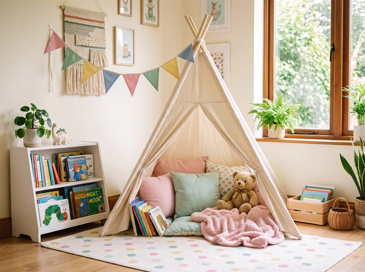 Cosy reading nook with a canvas teepee, cushions, picture books and a teddy bear