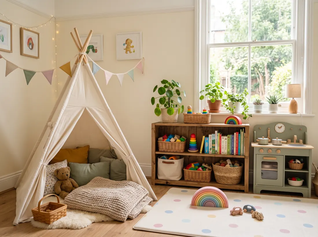 Cosy play corner with a canvas teepee, cushions, wooden toy storage, picture books and plants