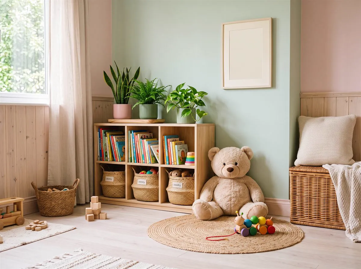 Home playroom bookcase filled with picture books, toy baskets and a large teddy bear