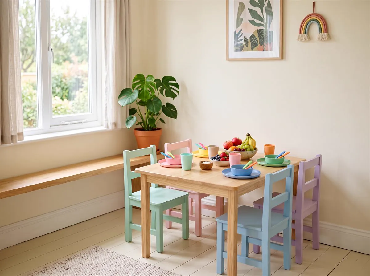 Small dining table set up for children's mealtimes with colourful plates and fresh fruit