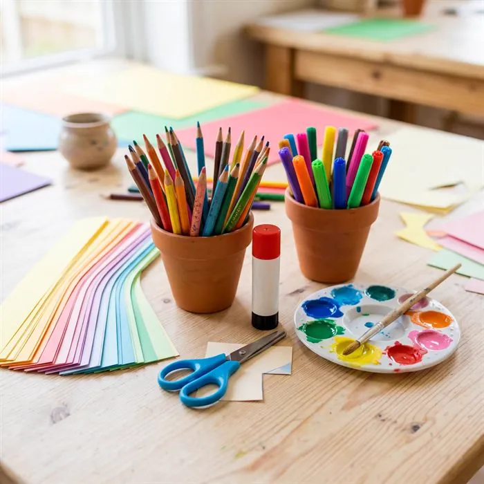 Craft table with coloured pencils, paper and paints