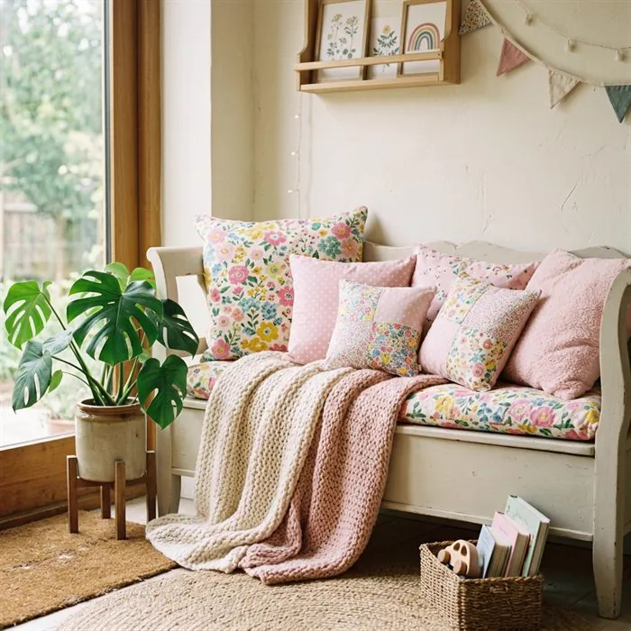 Cosy cushion corner with soft blankets and plants