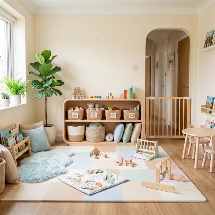 Safe home play area with soft play mat and low furniture